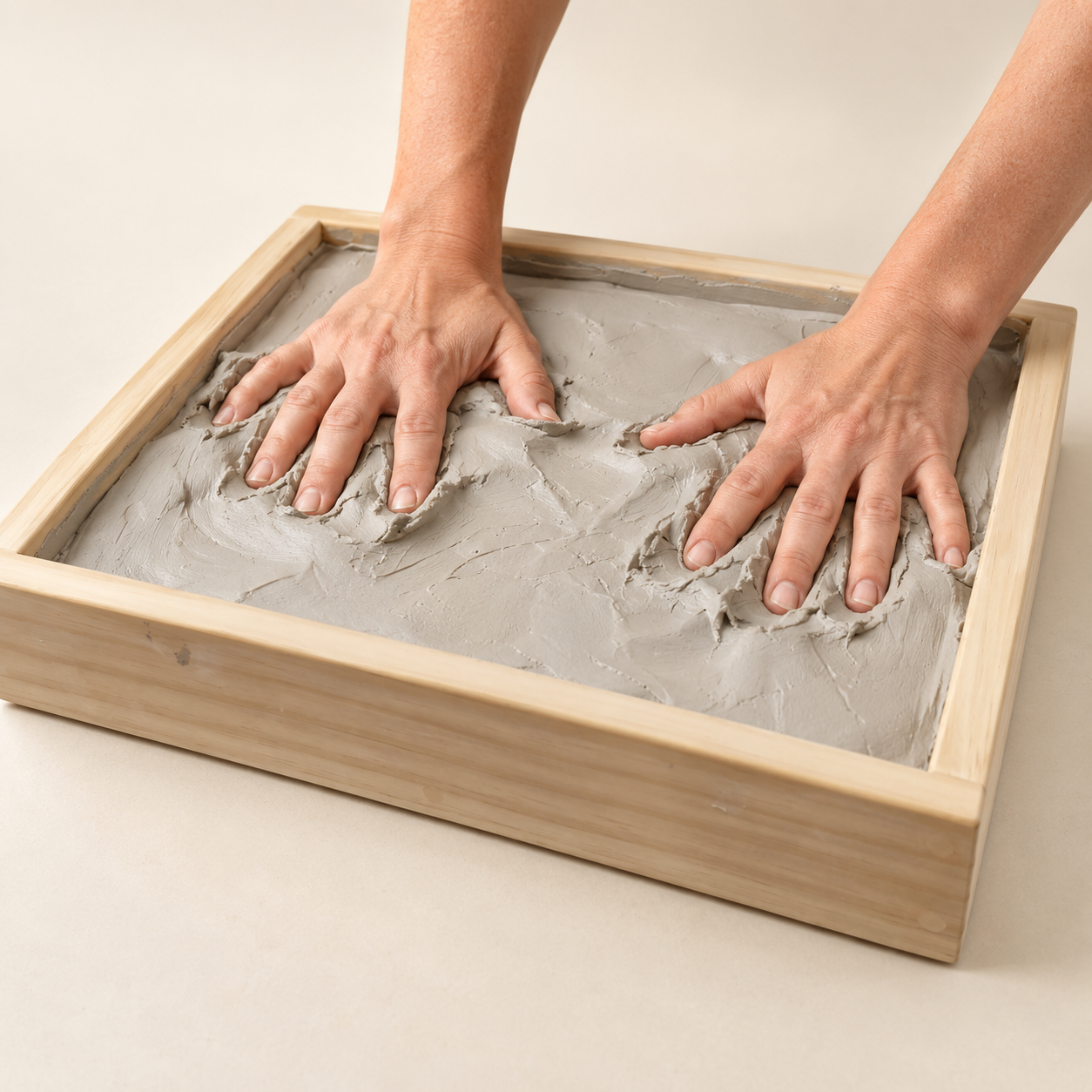 Two hands pressing into clay inside an Accoya Clay Field Therapy® box.