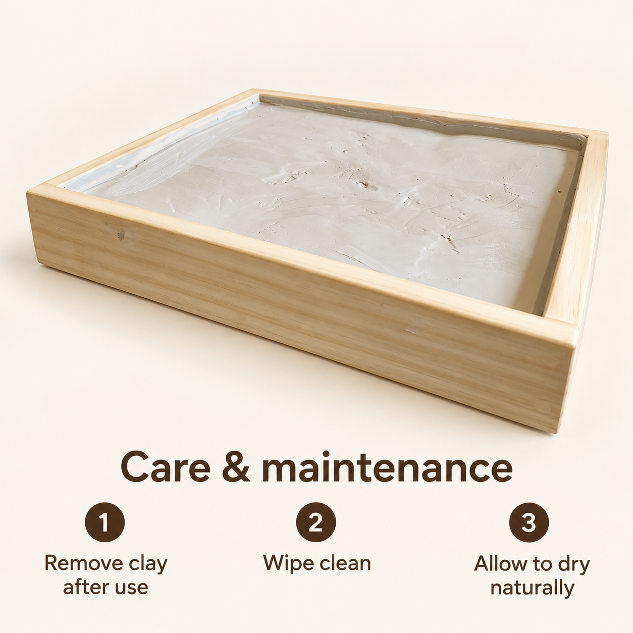 Box care: remove clay after use, wipe clean and allow to dry naturally.